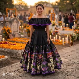 Mexican Dress Set Single Circle Skirt - Day Of The Dead & Noche De Muertos